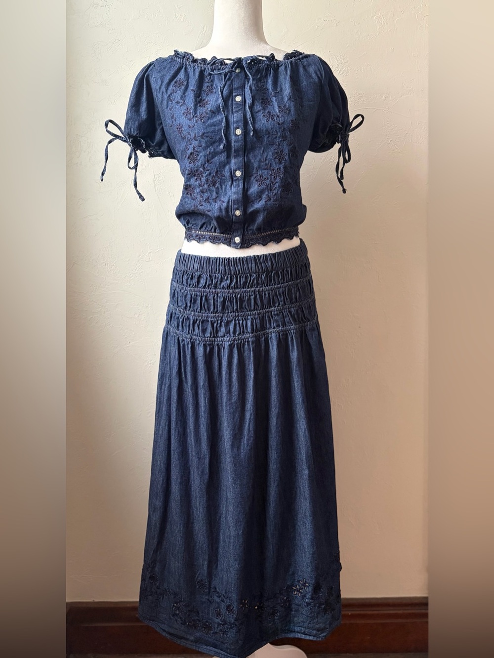 Free Assembly Embroidered Peasant Top & Tiered Midi Skirt Set Top S Bottom XS